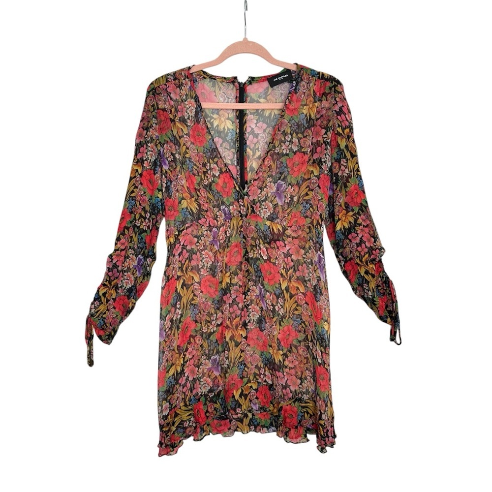 The Kooples Paris Mini Dress‎ Cocktail Sheer Floral Chiffon Deep V-Neck